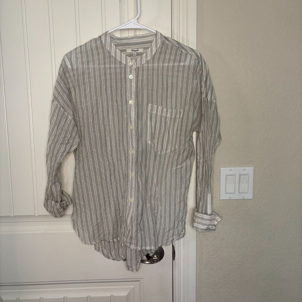 Madewell stripe collarless button-down shirt light weight rolled sleeve silk ble